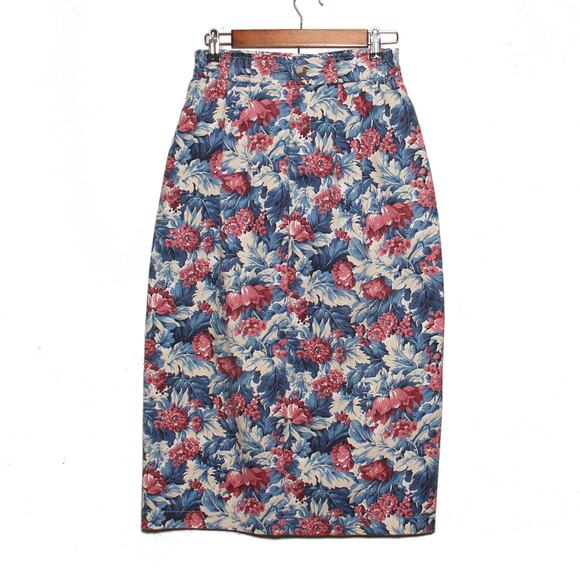 Vintage Norm Thompson Floral Denim Pencil Skirt Size 10 Midi/Maxi Made in USA - Picture 1 of 9